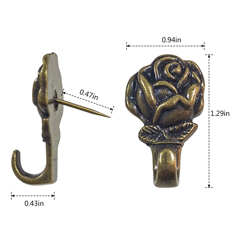 Rddconkit Push Pin Hangers, 20 Pcs Zinc Alloy Rose Pin Hooks Picture Hanging Nails for Home Office Fabric Wall Wooden (Bronze) - Image 2