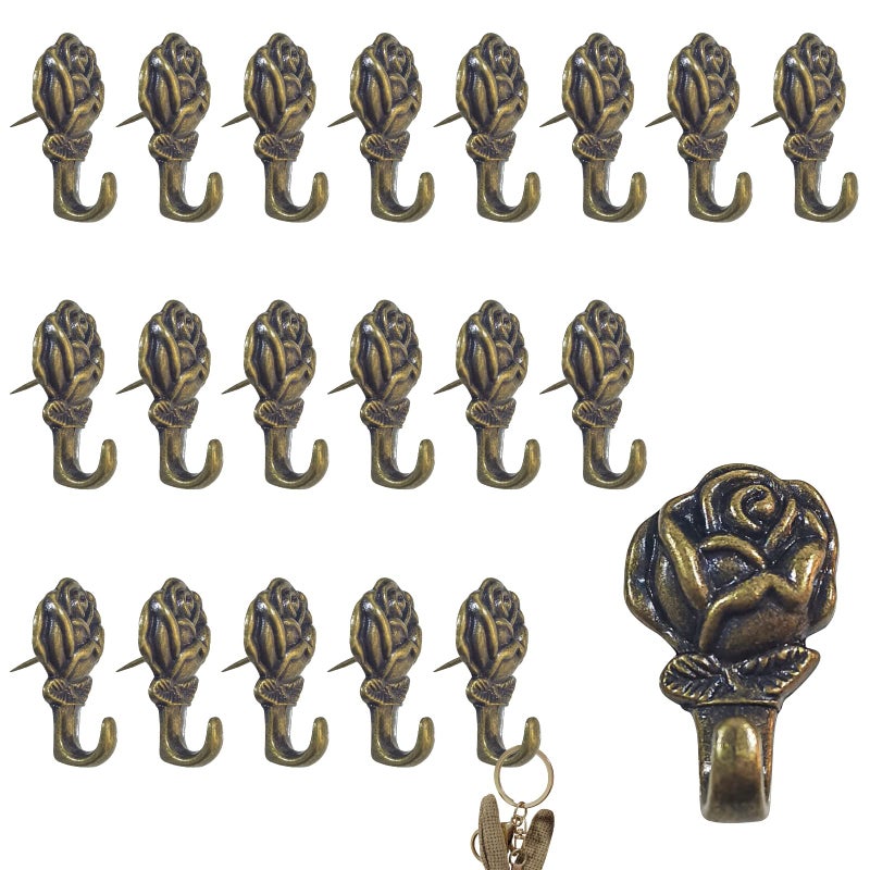 Rddconkit Push Pin Hangers, 20 Pcs Zinc Alloy Rose Pin Hooks Picture Hanging Nails for Home Office Fabric Wall Wooden (Bronze) - Image 1