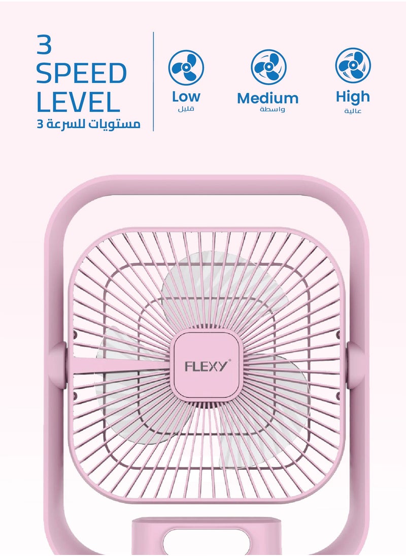 فليكسي مروحة سطح المكتب القابلة لإعادة الشحن FLEXY® - مروحة محمولة مقاس 8 بوصة مع إضاءة LED، 3 سرعات، شحن USB، زاوية قابلة للتعديل، تشغيل هادئ، مثالية للمنزل والمكتب والسفر والخارج (وردي)  - Image 3