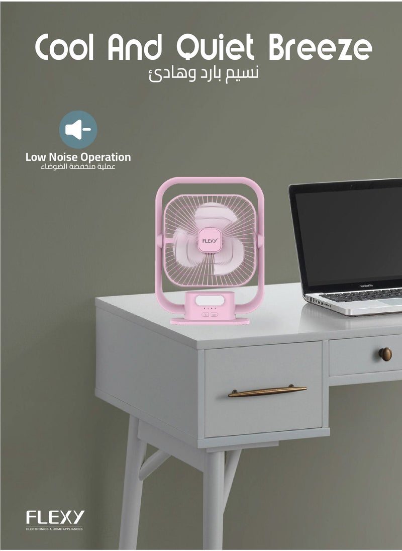 فليكسي مروحة سطح المكتب القابلة لإعادة الشحن FLEXY® - مروحة محمولة مقاس 8 بوصة مع إضاءة LED، 3 سرعات، شحن USB، زاوية قابلة للتعديل، تشغيل هادئ، مثالية للمنزل والمكتب والسفر والخارج (وردي)  - Image 4