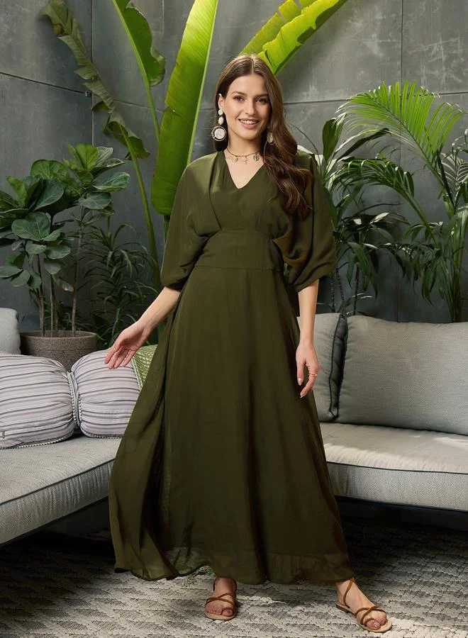 SASSAFRAS Sassafras Olive Solid Kimono Sleeve Maxi Dress