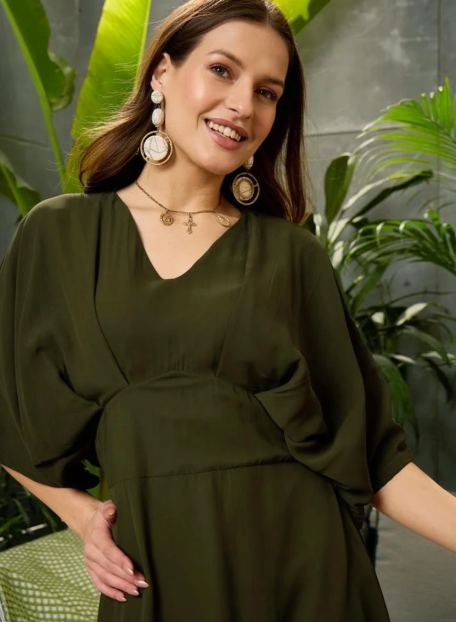 SASSAFRAS Sassafras Olive Solid Kimono Sleeve Maxi Dress