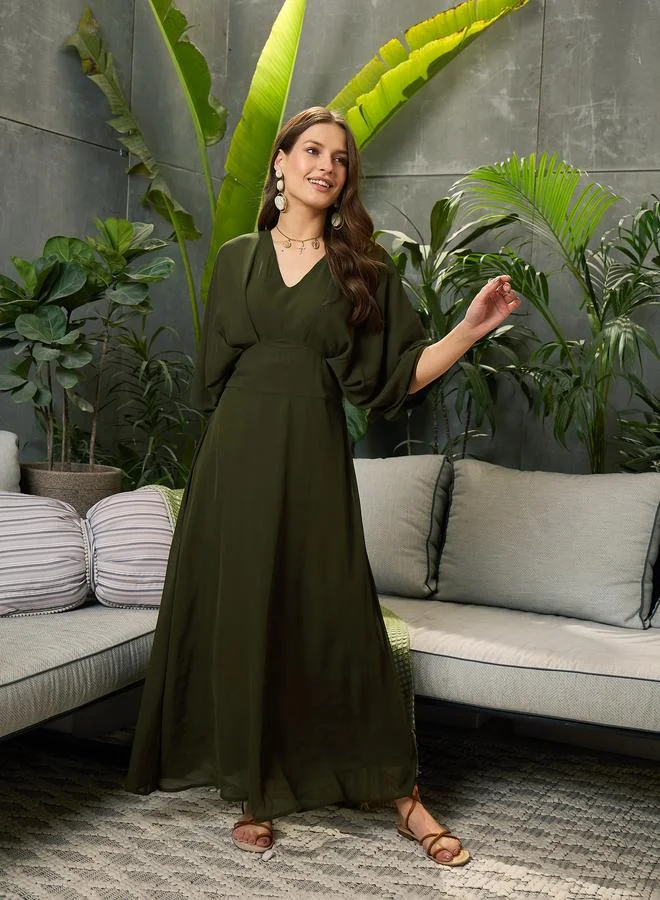 SASSAFRAS Sassafras Olive Solid Kimono Sleeve Maxi Dress