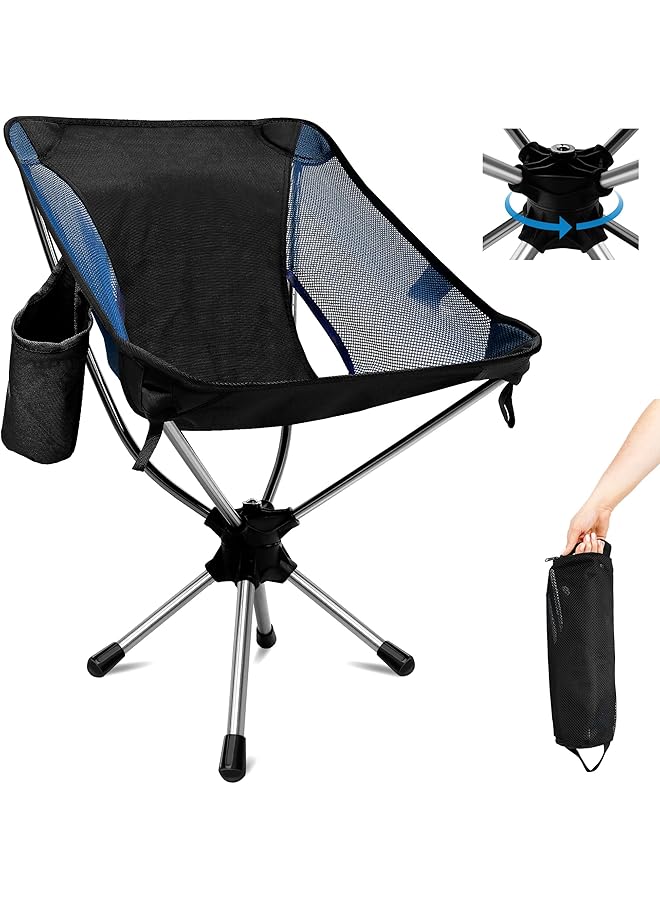 PROMASS كراسي التخييم، كراسي قابلة للطي تدور بزاوية 360° للبالغين، كراسي تخييم خفيفة الوزن، كراسي محمولة قابلة للطي للتخييم والسفر والمشي وصيد السمك والشاطئ والحديقة (أزرق)