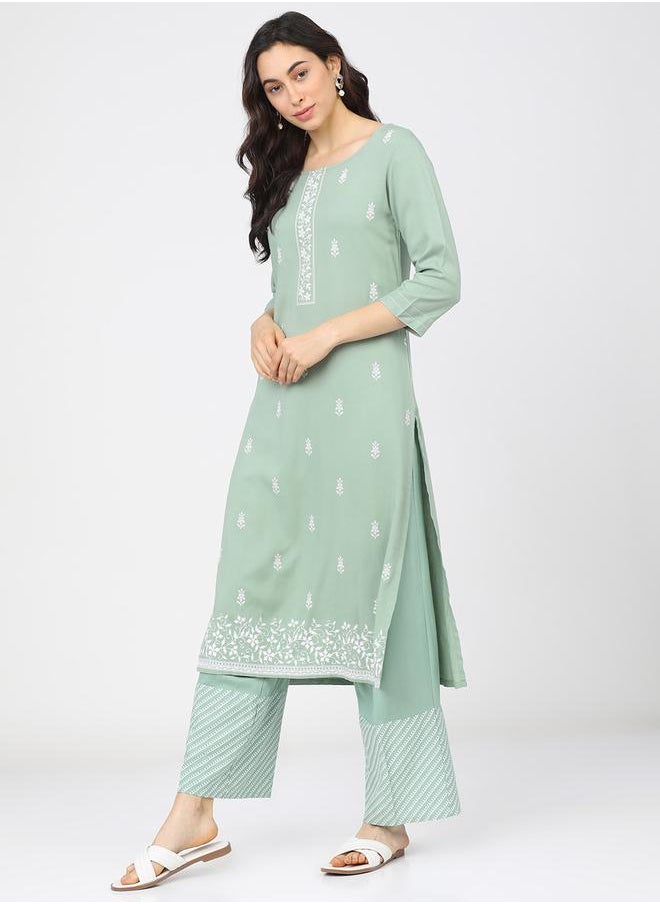 Vishudh Women Green & White Ethnic Motifs Printed Kurta by Styli  - Image 2
