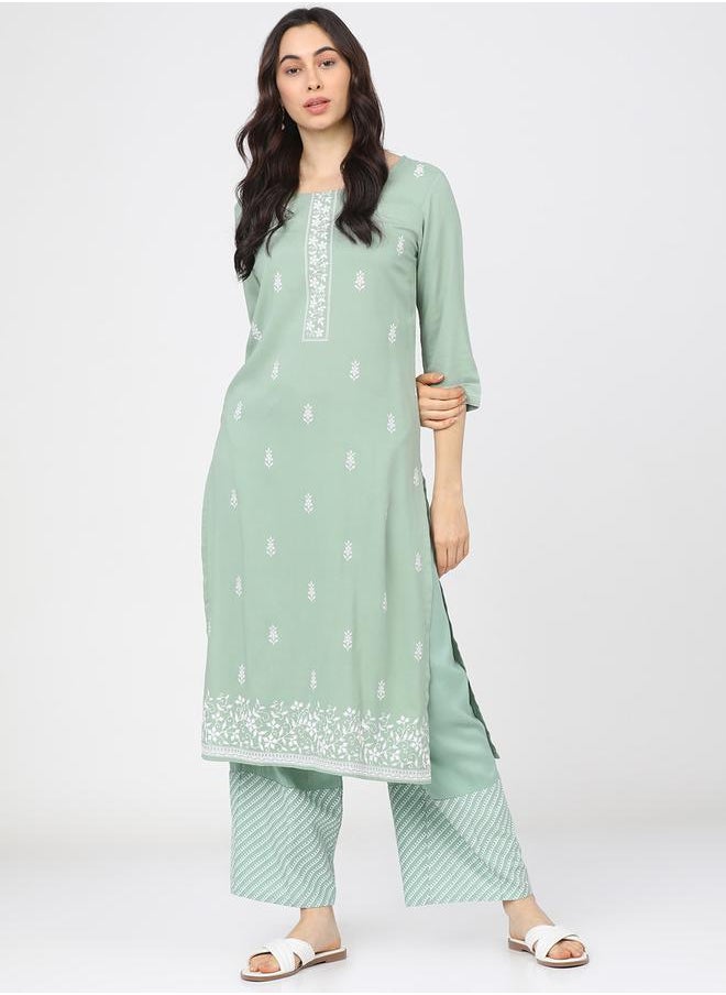 Vishudh Women Green & White Ethnic Motifs Printed Kurta by Styli  - Image 1