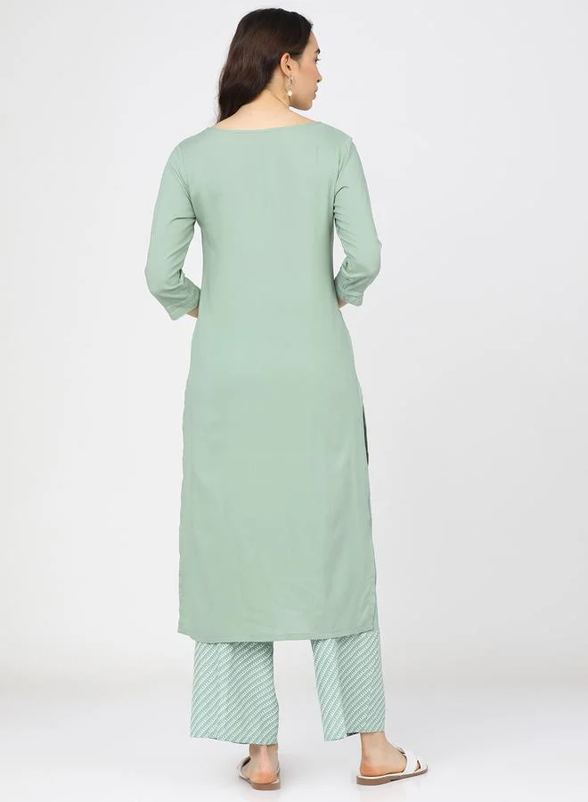 Vishudh Women Green & White Ethnic Motifs Printed Kurta by Styli
