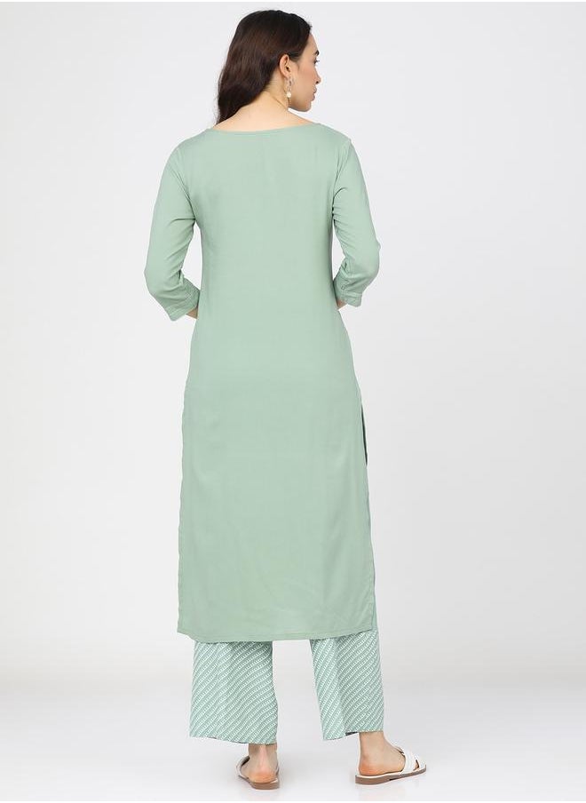 Vishudh Women Green & White Ethnic Motifs Printed Kurta by Styli  - Image 3