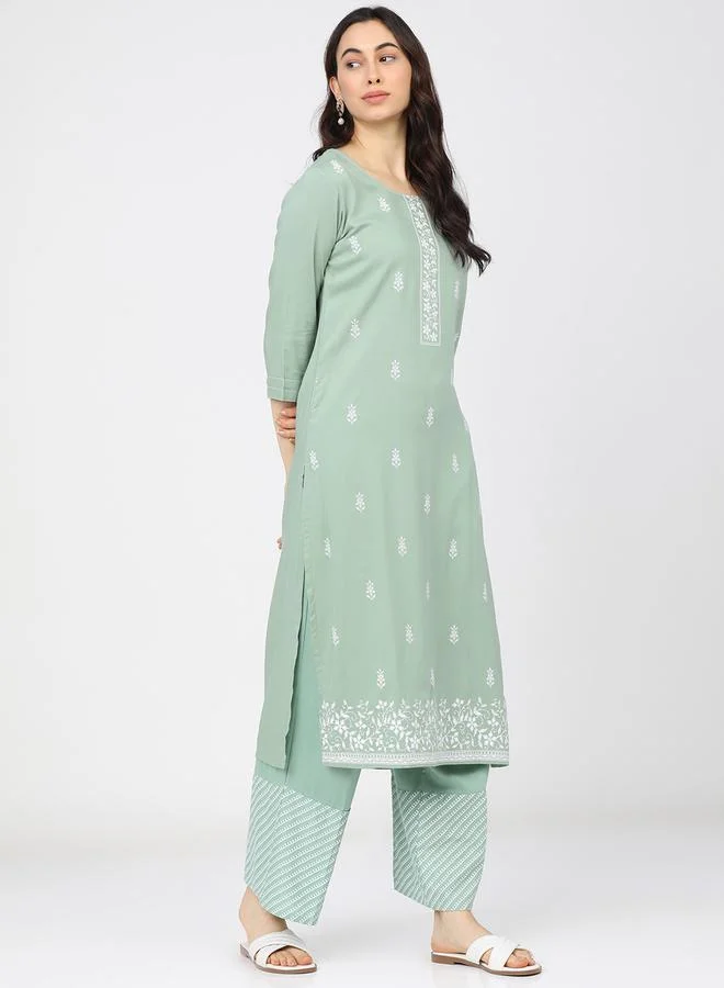 Vishudh Women Green & White Ethnic Motifs Printed Kurta by Styli