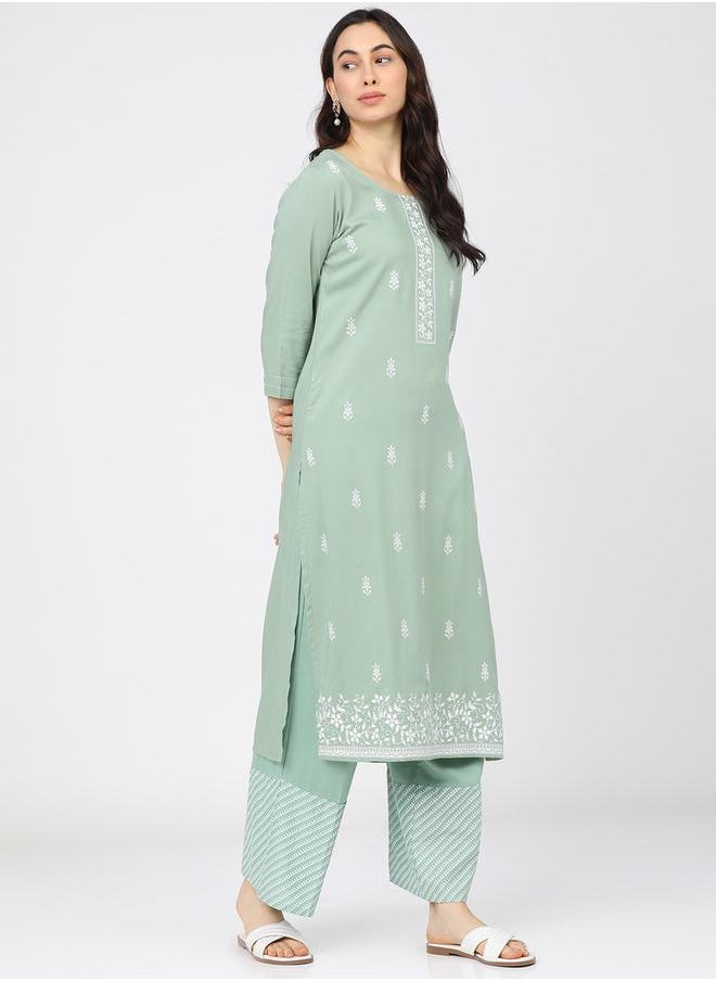Vishudh Women Green & White Ethnic Motifs Printed Kurta by Styli  - Image 5