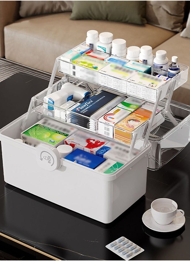 DUNISO Family Medicine Storage Box Container, 3 Layers Folding First Aid Box Organizer with Locking Lid Handle, Multipurpose Durable Craft Tool Case Plastic Professional Emergency Bin for Home Travel Car Camping Office  - Image 1