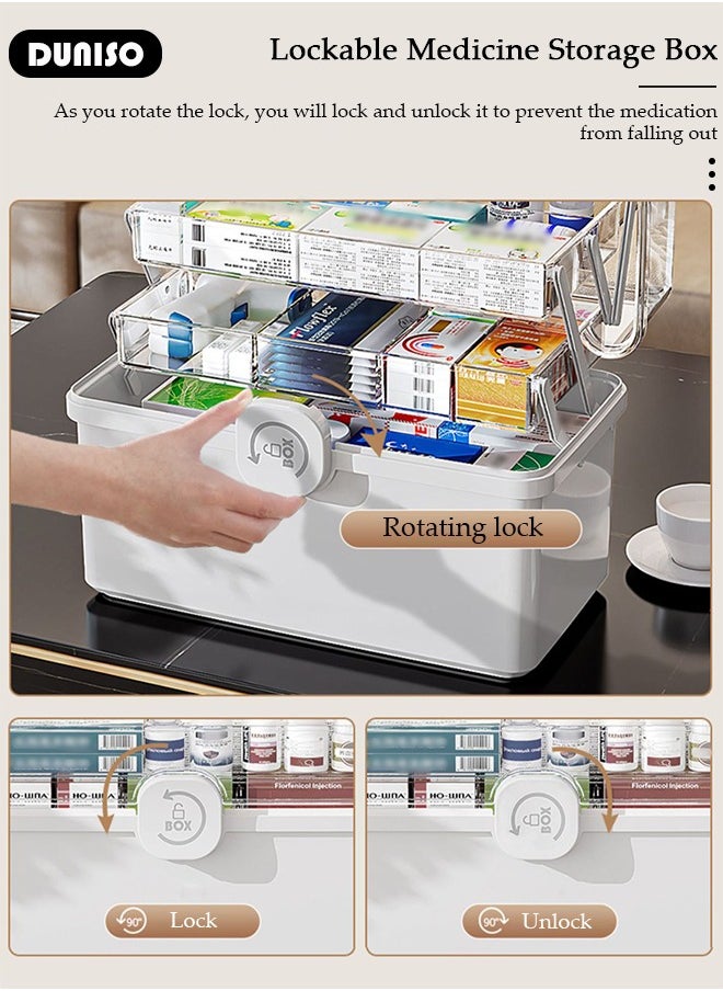 DUNISO Family Medicine Storage Box Container, 3 Layers Folding First Aid Box Organizer with Locking Lid Handle, Multipurpose Durable Craft Tool Case Plastic Professional Emergency Bin for Home Travel Car Camping Office  - Image 2