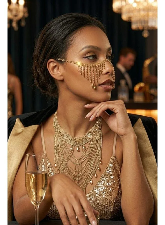 VEILLE Gold Shiny Stone Face Jewelry with Crystal Pendants – Women's Accessory for Festival, Concert, and Invitation Combos.