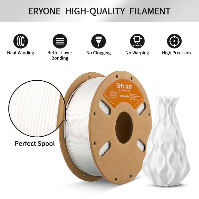 ERYONE PLA Filament 3D Printer PLA Filament 1.75mm +/- 0.03mm, PLA Filament 1KG Cardboard Spool(2.2LBS), White - Image 4