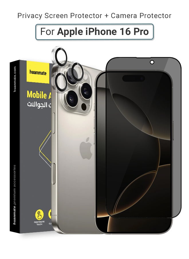 huanmate - 2 in 1 Apple iPhone 16 Pro Protection Pack - Anti-Peeping Privacy Glass Screen Protector & Camera Lens Protector, Premium Edge-to-Edge, High Transparency, Anti-Explosion, Easy Installation - Image 1