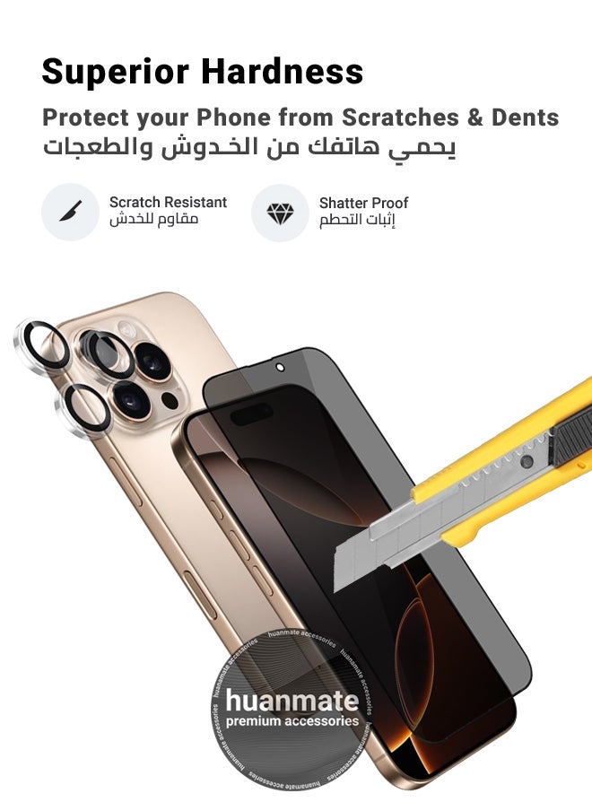 huanmate - 2 in 1 Apple iPhone 16 Pro Protection Pack - Anti-Peeping Privacy Glass Screen Protector & Camera Lens Protector, Premium Edge-to-Edge, High Transparency, Anti-Explosion, Easy Installation - Image 1