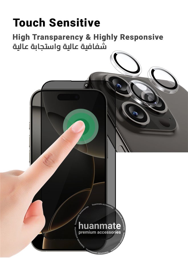 huanmate - 2 in 1 Apple iPhone 16 Pro Protection Pack - Anti-Peeping Privacy Glass Screen Protector & Camera Lens Protector, Premium Edge-to-Edge, High Transparency, Anti-Explosion, Easy Installation - Image 1