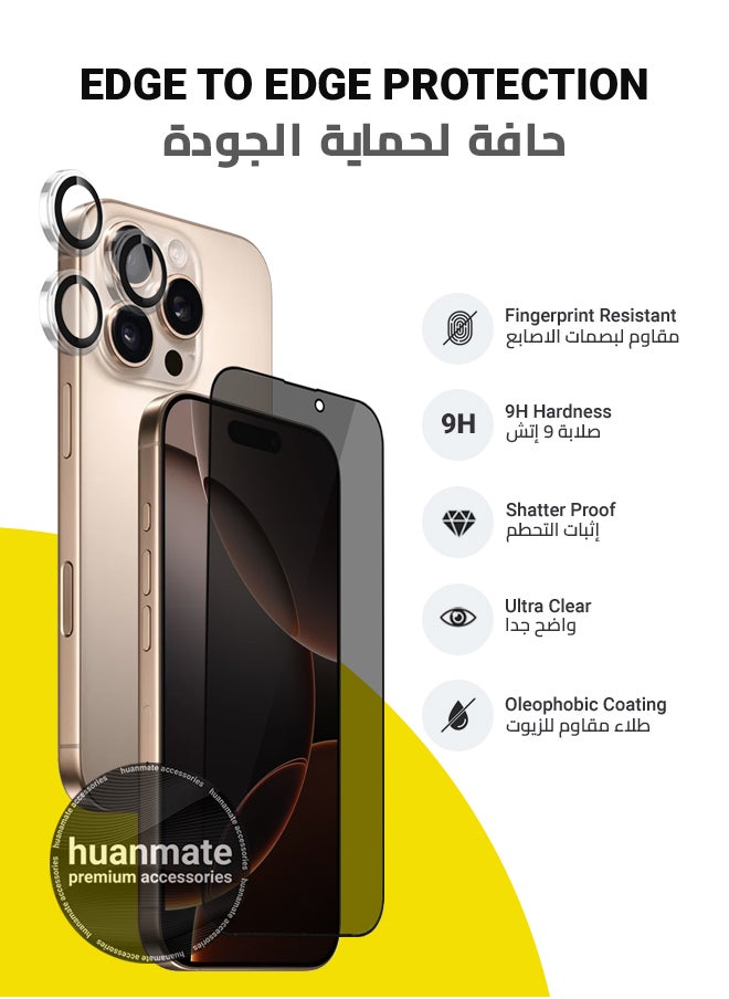 huanmate - 2 in 1 Apple iPhone 16 Pro Protection Pack - Anti-Peeping Privacy Glass Screen Protector & Camera Lens Protector, Premium Edge-to-Edge, High Transparency, Anti-Explosion, Easy Installation - Image 1