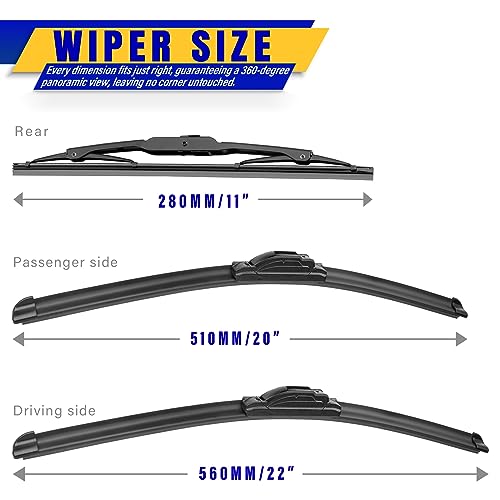 Rooppa 3 wipers Replacement for 2007-2015 jeep compass, Windshield Wiper Blades Original Equipment Replacement - 22"/20"/11" (Set of 3) U/J HOOK - Image 2