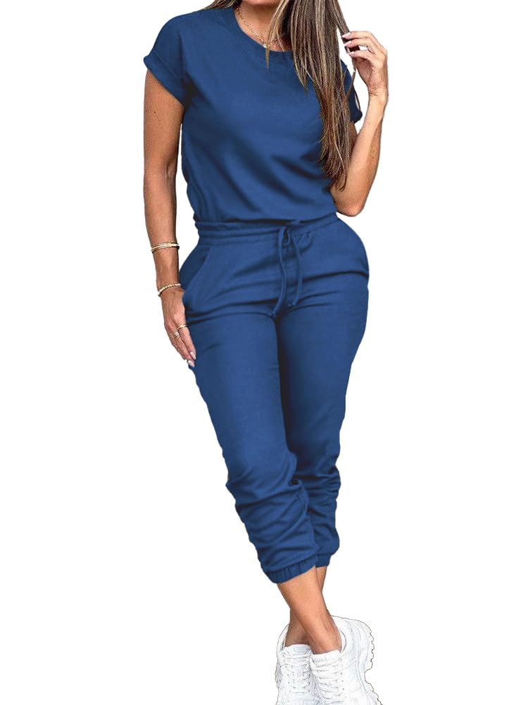 PINSV Women's 2 Piece Outfits Tracksuit Sets Short Sleeve Tops Jogger Pants with Pockets Blue M - Image 3