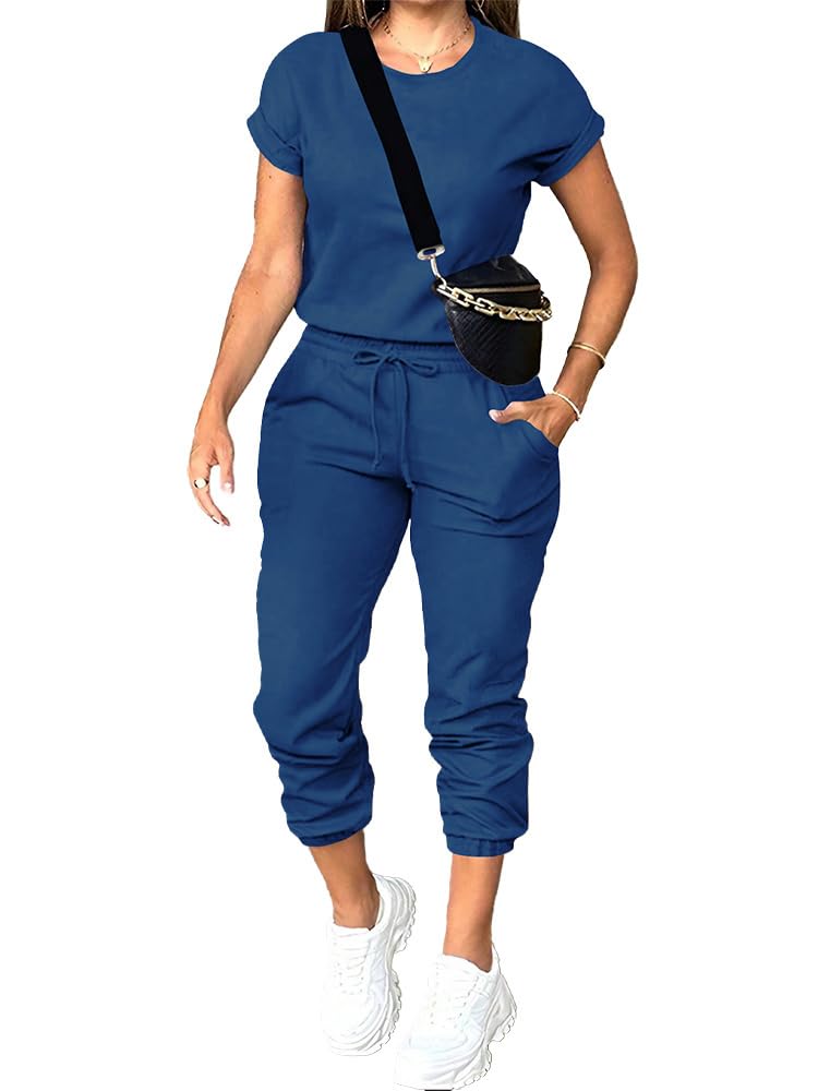 PINSV Women's 2 Piece Outfits Tracksuit Sets Short Sleeve Tops Jogger Pants with Pockets Blue M - Image 1