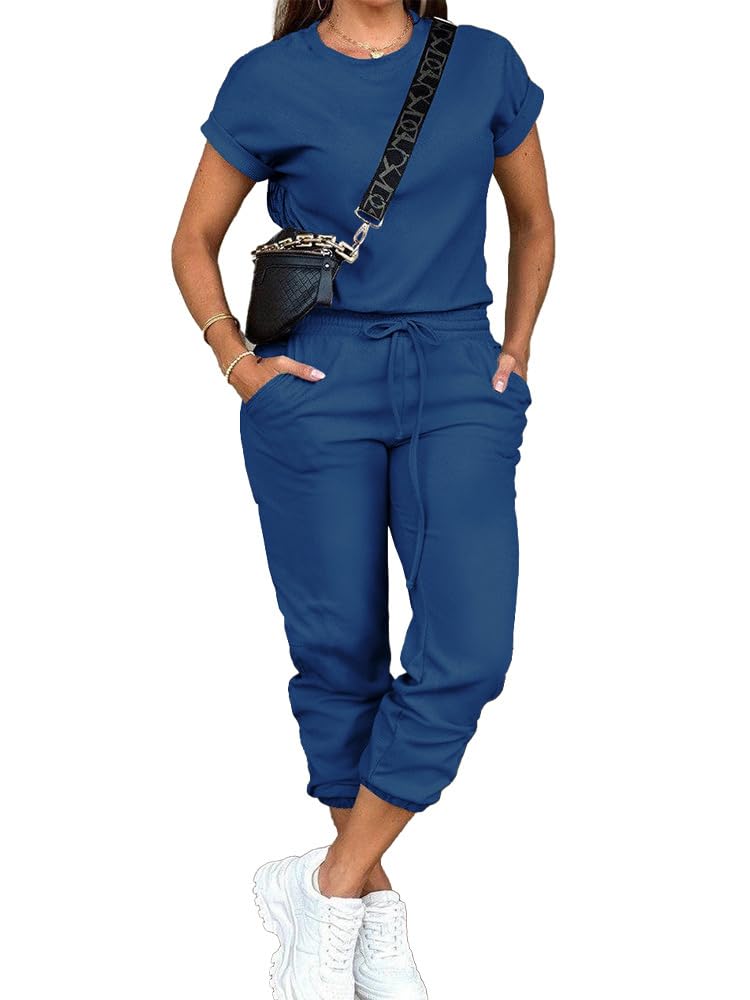 PINSV Women's 2 Piece Outfits Tracksuit Sets Short Sleeve Tops Jogger Pants with Pockets Blue M - Image 2