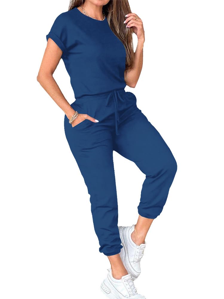 PINSV Women's 2 Piece Outfits Tracksuit Sets Short Sleeve Tops Jogger Pants with Pockets Blue M - Image 5