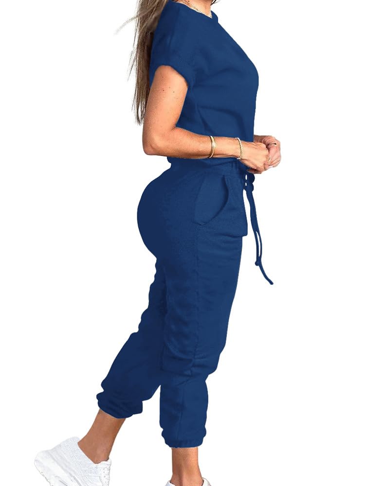 PINSV Women's 2 Piece Outfits Tracksuit Sets Short Sleeve Tops Jogger Pants with Pockets Blue M - Image 4
