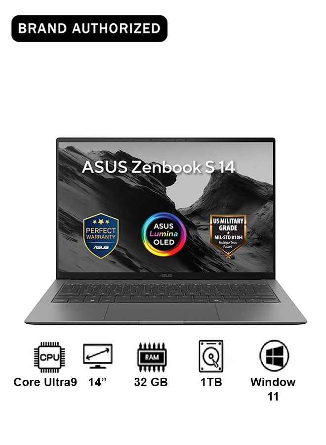 Zenbook S 14 Laptop With 14-Inch Display, Core Ultra 9 Processor/32GB RAM/1TB PCIE G4 SSD/Intel UMA Graphics/Windows 11 Home/ Gray