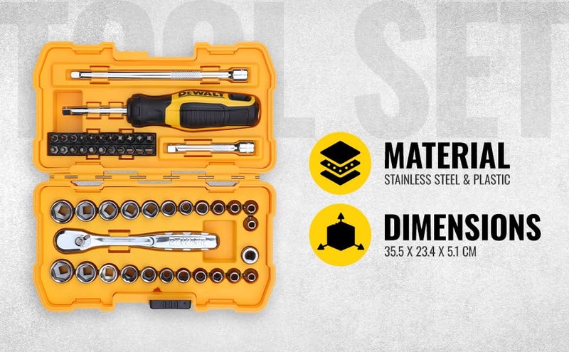 DEWALT DWMT81610-0 1/4" 50-Piece Drive Mechanics Tool Set with Anti-Corrosion Properties & Knurled Grip Control for Home, DIY & Professional Use, YELLOW & BLACK - Image 4