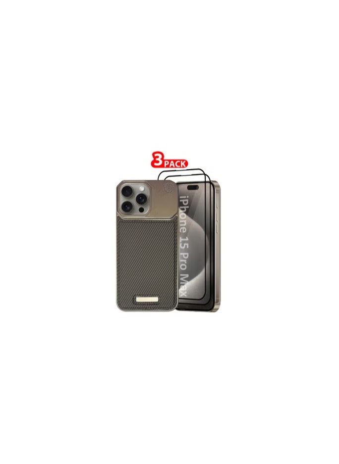 CATANES iPhone 15 Pro Max 3 Pack Case Leather Metal Design, Slim Lightweight Minimalist Cover,1 Case 2 Screen Protectors  - Image 1