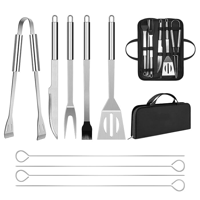 FRESHOME Stainless Steel Barbecue BBQ Tool Kit Set Barbecue Cooking Helping Accessories with Storage Bag - RA014 - Sliver - Image 4