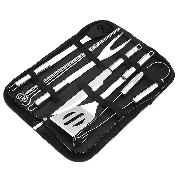 FRESHOME Stainless Steel Barbecue BBQ Tool Kit Set Barbecue Cooking Helping Accessories with Storage Bag - RA014 - Sliver - Image 2