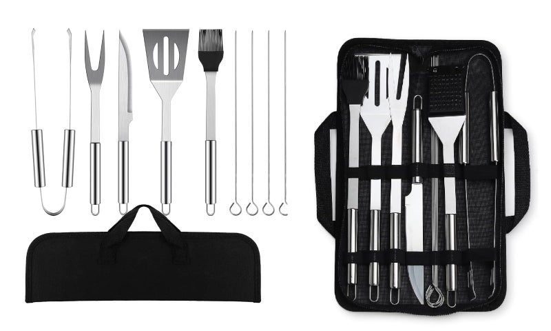FRESHOME Stainless Steel Barbecue BBQ Tool Kit Set Barbecue Cooking Helping Accessories with Storage Bag - RA014 - Sliver - Image 1