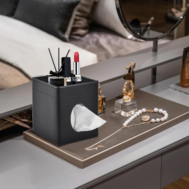 XNONE Tissue Box Cover Square Tissue Box Holder PU Leather Facial Tissues Organizer with Storage Tray for Bathroom Vanity Bedroom Office Car, Stylish Napkin Caddy Decorative Organizer (Black) - Image 2