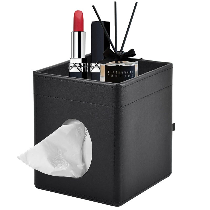 XNONE Tissue Box Cover Square Tissue Box Holder PU Leather Facial Tissues Organizer with Storage Tray for Bathroom Vanity Bedroom Office Car, Stylish Napkin Caddy Decorative Organizer (Black) - Image 1
