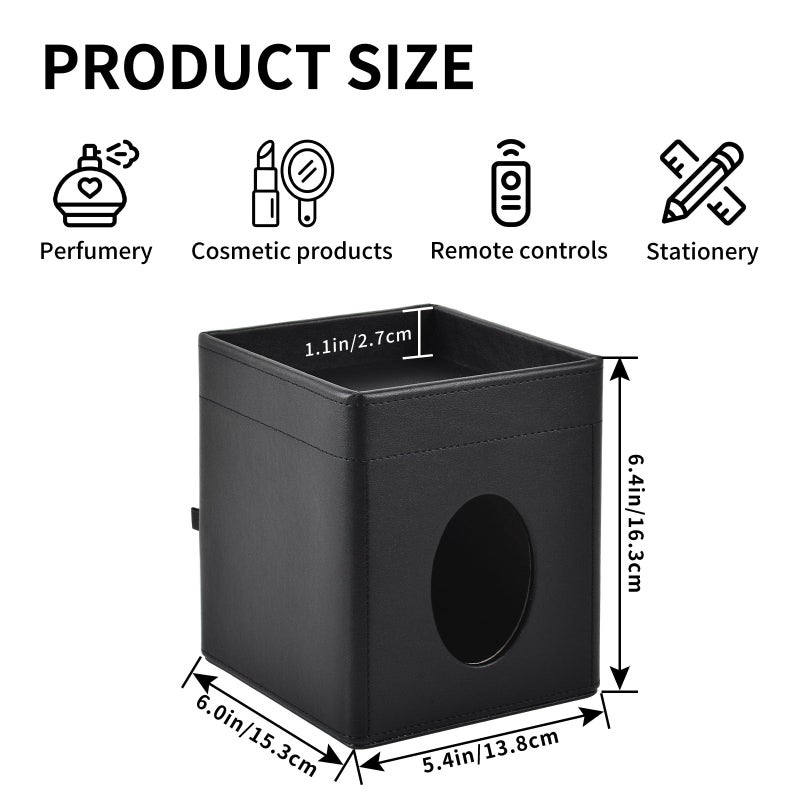 XNONE Tissue Box Cover Square Tissue Box Holder PU Leather Facial Tissues Organizer with Storage Tray for Bathroom Vanity Bedroom Office Car, Stylish Napkin Caddy Decorative Organizer (Black) - Image 5