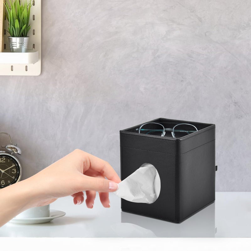 XNONE Tissue Box Cover Square Tissue Box Holder PU Leather Facial Tissues Organizer with Storage Tray for Bathroom Vanity Bedroom Office Car, Stylish Napkin Caddy Decorative Organizer (Black) - Image 4