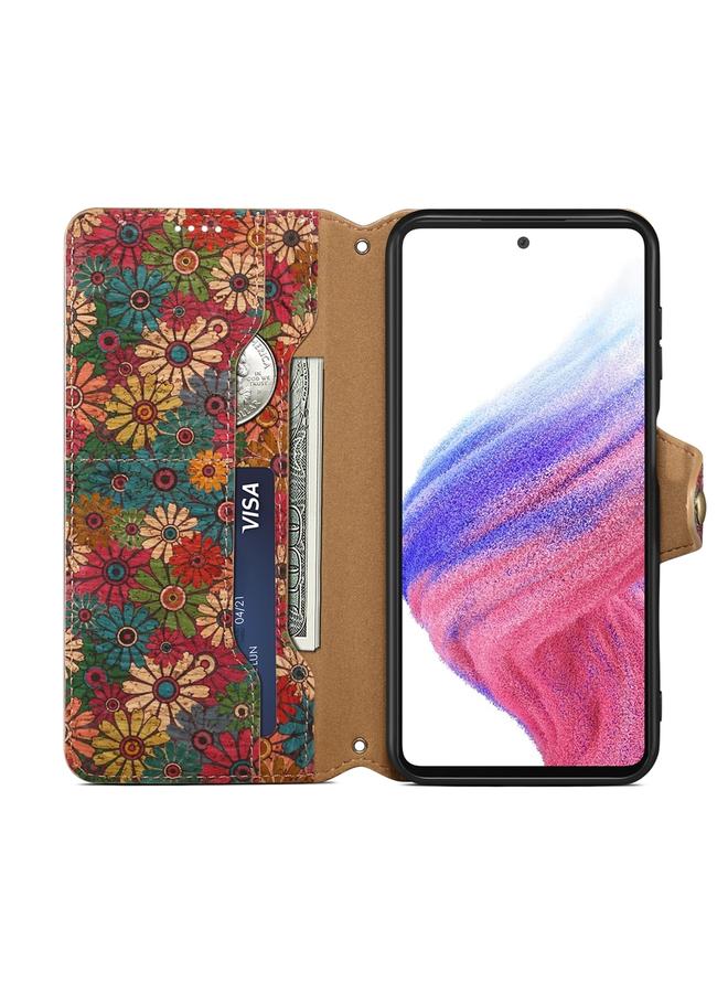 دينيور جراب لهاتف Samsung Galaxy A54 5G من سلسلة اللغة الزهرية، جراب هاتف من قماش الفلين بحواف زيتية من الجلد - Image 4