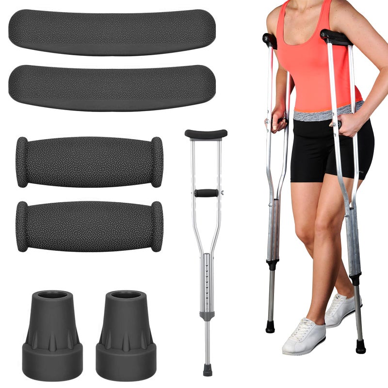 DXMWWTP Replacement Crutch Pads, 6 Pcs Crutch Accessory Replacement Crutch Parts and Caps Set , Universal Comfort Padding for Arm Crutches Armpits and Feet Caps for Standard Aluminum Crutches (Black) - Image 1