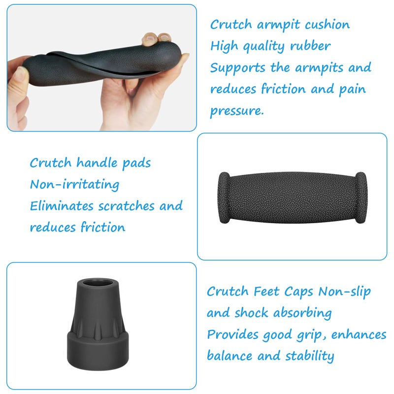 DXMWWTP Replacement Crutch Pads, 6 Pcs Crutch Accessory Replacement Crutch Parts and Caps Set , Universal Comfort Padding for Arm Crutches Armpits and Feet Caps for Standard Aluminum Crutches (Black) - Image 3