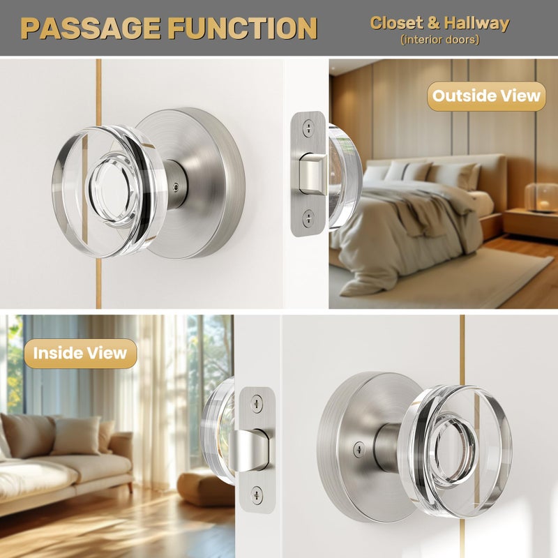 Naubea Satin Nickel Door Knobs Glass Door Knobs Interior Round Passage Door Knob Crystal Interior Door Knob For Closet And Hallway, Brushed Nickel - Image 4