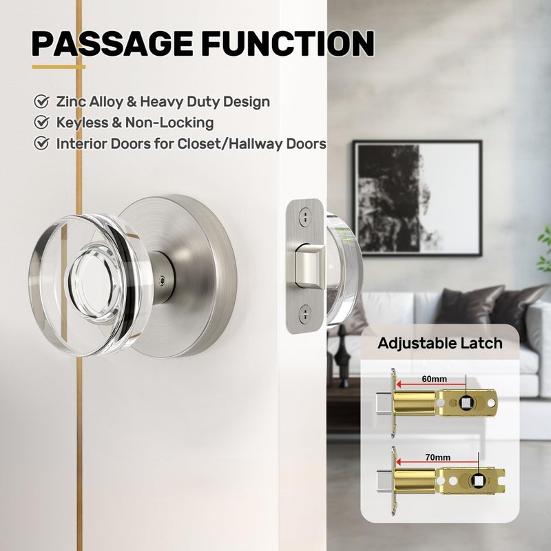 Naubea Satin Nickel Door Knobs Glass Door Knobs Interior Round Passage Door Knob Crystal Interior Door Knob For Closet And Hallway, Brushed Nickel - Image 2