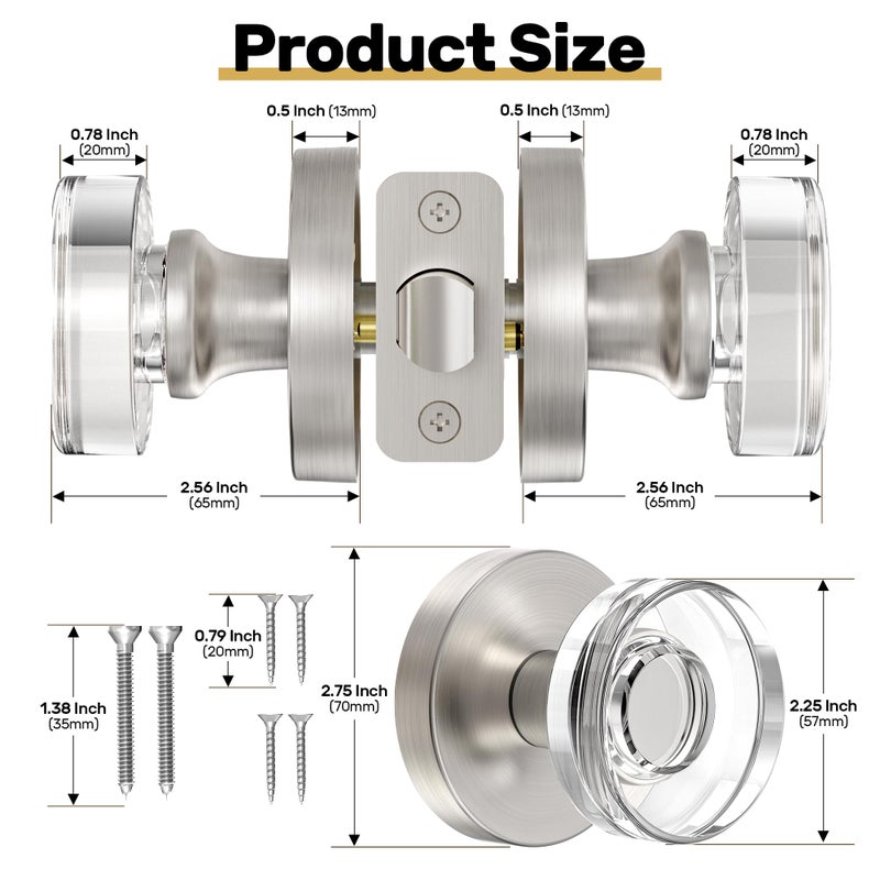 Naubea Satin Nickel Door Knobs Glass Door Knobs Interior Round Passage Door Knob Crystal Interior Door Knob For Closet And Hallway, Brushed Nickel - Image 5