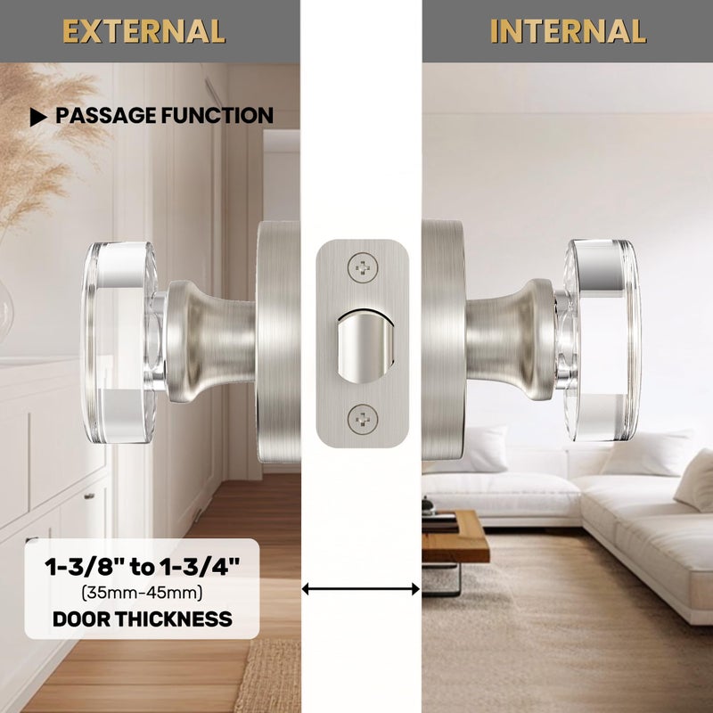Naubea Satin Nickel Door Knobs Glass Door Knobs Interior Round Passage Door Knob Crystal Interior Door Knob For Closet And Hallway, Brushed Nickel - Image 3