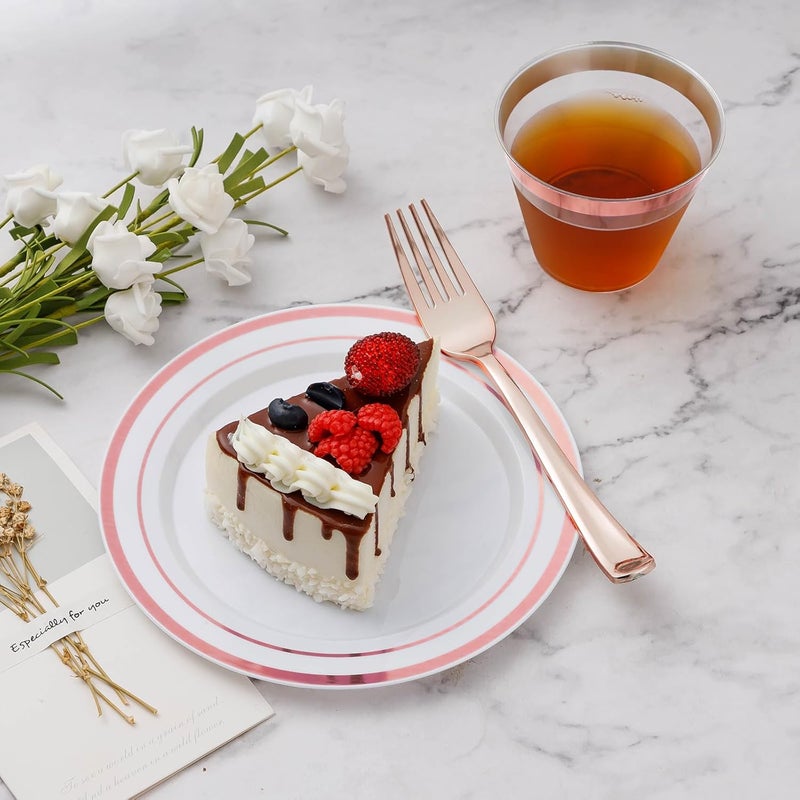 BESTVIP مجموعة أدوات المائدة البلاستيكية BESTVIP 600 قطعة (لـ 100 ضيف)، أطباق ذهبية وردية يمكن التخلص منها للحفلات والزفاف والذكرى السنوية، تشمل: أطباق العشاء، أطباق الحلوى، أكواب، ملاعق، شوك وسكاكين - Image 4