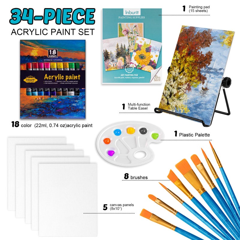 Inburit Art Paint Set for Kids, Painting Supplies Kit with 5 Canvas Panels, 8 Brushes, 18 Acrylic Paints, Multi-Function Table Easel, Etc, Premium Acrylic Paint Set for Students, Kids and Beginner. - Image 2