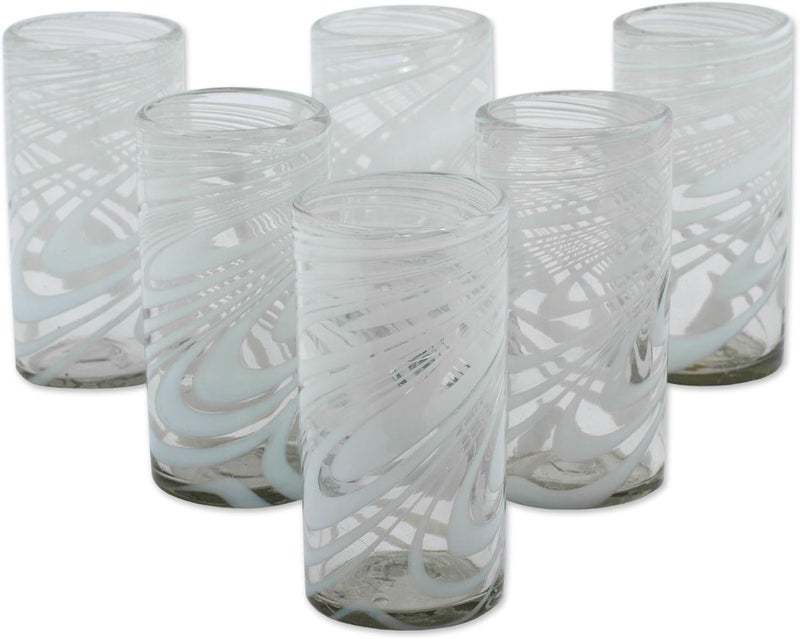 NOVICA Whirling White Set Of 6 Blown Glass Highball Glasses - Image 4