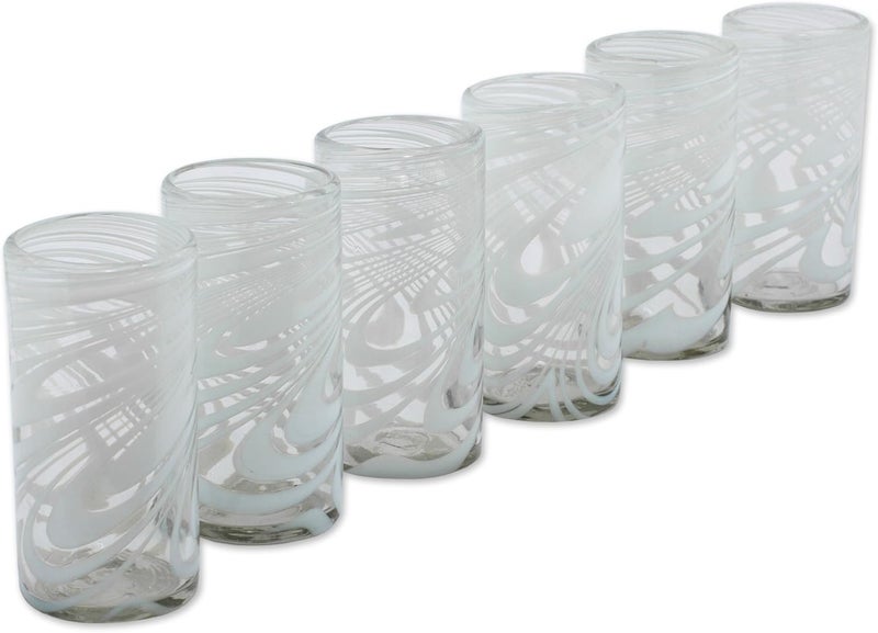 NOVICA Whirling White Set Of 6 Blown Glass Highball Glasses - Image 5