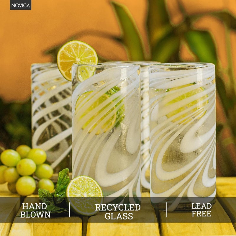 NOVICA Whirling White Set Of 6 Blown Glass Highball Glasses - Image 3
